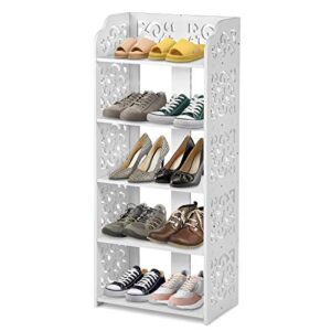 5 tier small shoe rack storage organizer, engraving vertical shoe rack for entryway tiered, closets shoe storage rack for men women kids shoes small shoe rack, white