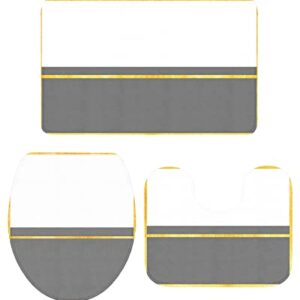 Modern Grey Bathroom Rugs Mat Sets 3 Piece, Bath Shower Rugs with U-Shaped Contour Toilet Mat, Geometry Abstract Yellow Stripes White Art Large Absorbent Bathtub Runner Rugs Floor Mats