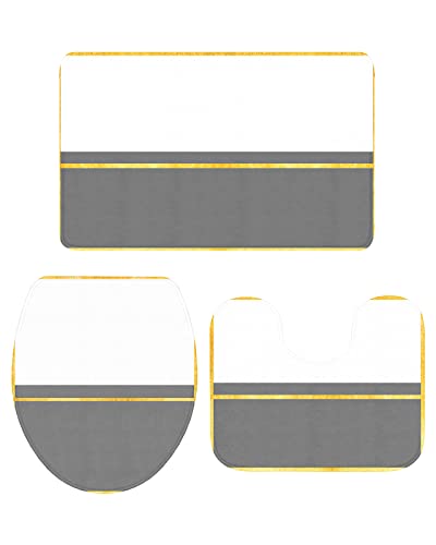 Modern Grey Bathroom Rugs Mat Sets 3 Piece, Bath Shower Rugs with U-Shaped Contour Toilet Mat, Geometry Abstract Yellow Stripes White Art Large Absorbent Bathtub Runner Rugs Floor Mats