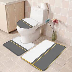 Modern Grey Bathroom Rugs Mat Sets 3 Piece, Bath Shower Rugs with U-Shaped Contour Toilet Mat, Geometry Abstract Yellow Stripes White Art Large Absorbent Bathtub Runner Rugs Floor Mats