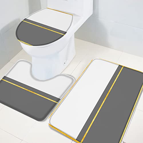 Modern Grey Bathroom Rugs Mat Sets 3 Piece, Bath Shower Rugs with U-Shaped Contour Toilet Mat, Geometry Abstract Yellow Stripes White Art Large Absorbent Bathtub Runner Rugs Floor Mats