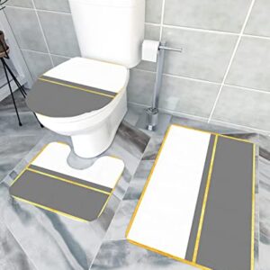 Modern Grey Bathroom Rugs Mat Sets 3 Piece, Bath Shower Rugs with U-Shaped Contour Toilet Mat, Geometry Abstract Yellow Stripes White Art Large Absorbent Bathtub Runner Rugs Floor Mats