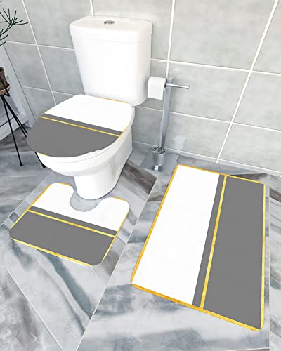 Modern Grey Bathroom Rugs Mat Sets 3 Piece, Bath Shower Rugs with U-Shaped Contour Toilet Mat, Geometry Abstract Yellow Stripes White Art Large Absorbent Bathtub Runner Rugs Floor Mats