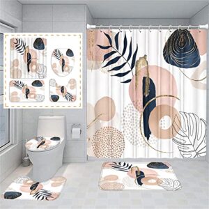 FZDHHY Abstract Mid Century Shower Curtain Set Floral Plant Neutral Bathroom Curtain Set Minimalist Art Bathroom Decor Waterproof Bathtub Curtain with Bathroom Carpet Bath Mat Toilet Rugs