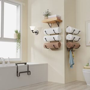 HULISEN Towel Racks for Bathroom, Wall Mounted Towel Rack with Wooden Shelf & 4 Hooks, Extended Wall Mount Towel Holder, Metal Bath Towel Holder for Bath Storage Organizer and Decor, Matte Black