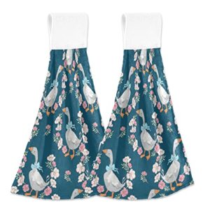 xigua 2 pcs Hanging Kitchen Towel Cute Goose and Flowers Hand Towel Absorbent Hanging Tie Towels for Bathroom Laundry Room Kitchen 12 x 17 Inches