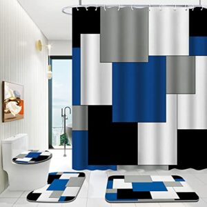 enyorsel blue bathroom sets with shower curtain and rugs, 4 piece geometric bathroom shower curtain set with rugs, incl shower curtain with 12 hooks, bath mat, u-shaped floor mat, toilet lid oval rug