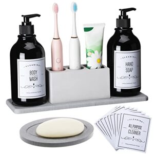 bathroom accessory set including bathroom toothbrush holder soap dish bathroom hand soap shampoo dispenser waterproof label stickers for bathroom and kitchen
