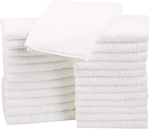 Amazon Basics Cotton Hand Towel - 24-Pack, White & Fast Drying, Extra Absorbent, Terry Cotton Washcloths - Pack of 24, White, 12 x 12-Inch