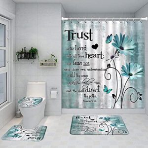 4 piece inspirational quote shower curtain sets teal daisy floral butterfly trust in the lord motivational words vintage abstract rugs toilet lid cover bath mat bathroom curtains set with 12 hooks