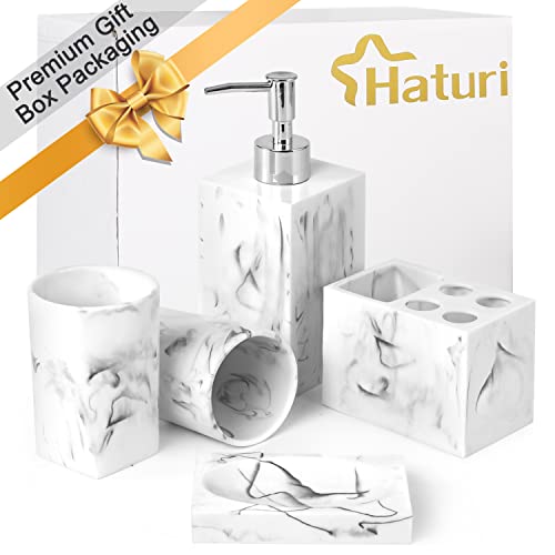 Haturi Bathroom Accessories Set, 5 Pcs Marble Look Bathroom Sets Soap Dispenser & Toothbrush Holder Set, Counter Top Restroom Apartment Decor Stuff, Resin Kits, Gift for Women and Men, Ink White