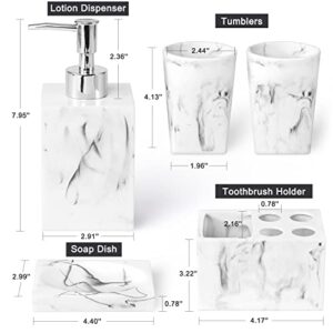 Haturi Bathroom Accessories Set, 5 Pcs Marble Look Bathroom Sets Soap Dispenser & Toothbrush Holder Set, Counter Top Restroom Apartment Decor Stuff, Resin Kits, Gift for Women and Men, Ink White