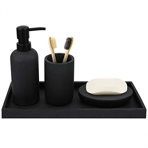 TAUVLL Bathroom Accessory Set-4 Pcs Complete Resin Bathroom Counter Vanity Accessories Sets Vanity Tray Lotion Dispenser/Soap Pump Toothbrush Holder Soap Dish-Matte Black Sandstone Modern Decor