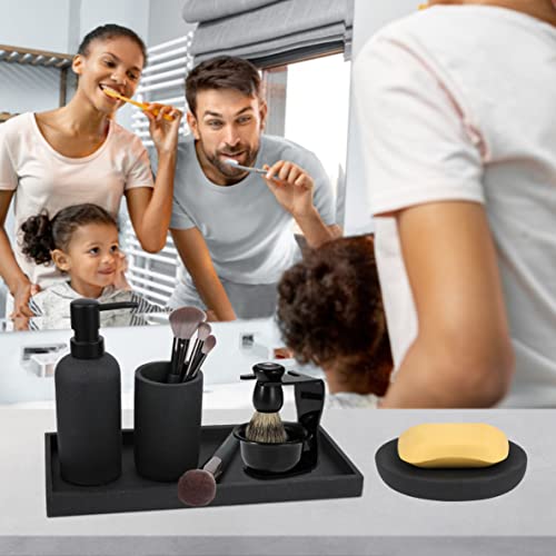 TAUVLL Bathroom Accessory Set-4 Pcs Complete Resin Bathroom Counter Vanity Accessories Sets Vanity Tray Lotion Dispenser/Soap Pump Toothbrush Holder Soap Dish-Matte Black Sandstone Modern Decor