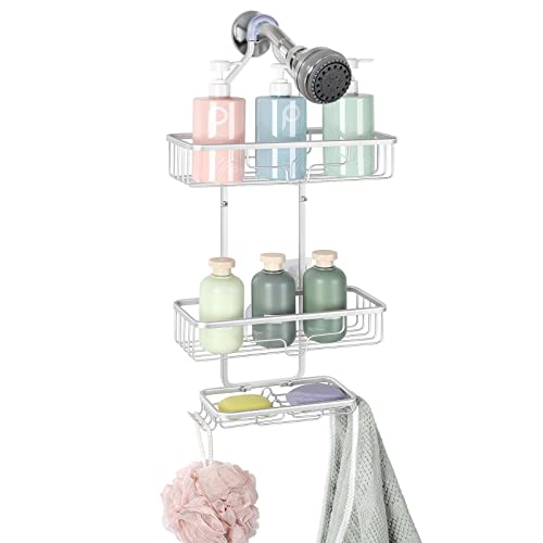 Shower Caddy Over Shower Head, Hanging Shower Caddy, Rustproof Shower Organizer with Hooks for Razor/Sponge, Over The Shower Head Caddy with Soap Basket (Silver))