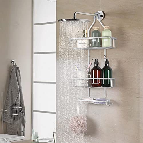 Shower Caddy Over Shower Head, Hanging Shower Caddy, Rustproof Shower Organizer with Hooks for Razor/Sponge, Over The Shower Head Caddy with Soap Basket (Silver))