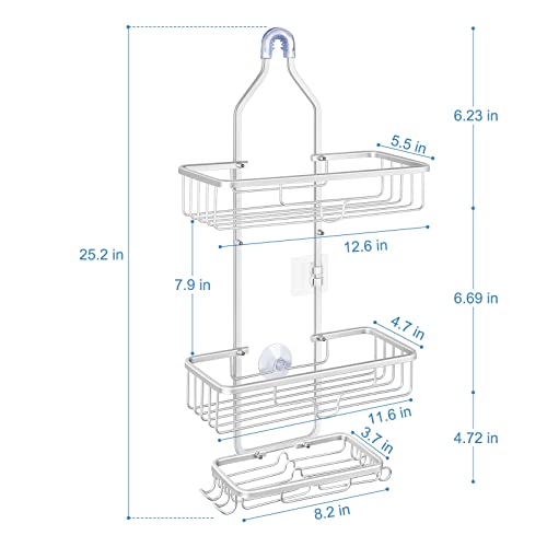 Shower Caddy Over Shower Head, Hanging Shower Caddy, Rustproof Shower Organizer with Hooks for Razor/Sponge, Over The Shower Head Caddy with Soap Basket (Silver))