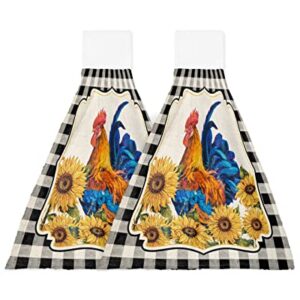 MUSEDAY Hand Towels for Bathroom Kitchen Farm Rooster with Sunflower Black Buffalo Plaid American Country Style Decorative Hanging Hand Towels Set Soft Tea Bar Tie Towel Washcloth
