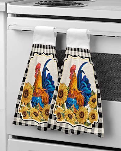 MUSEDAY Hand Towels for Bathroom Kitchen Farm Rooster with Sunflower Black Buffalo Plaid American Country Style Decorative Hanging Hand Towels Set Soft Tea Bar Tie Towel Washcloth