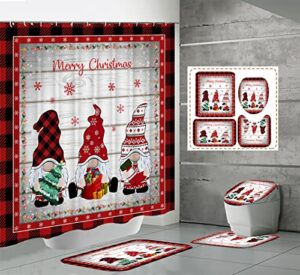 gnome christmas bathroom sets with shower curtain and rugs, merry christmas shower curtain set with bath mat, xmas bathroom decor set (colorful gnome)