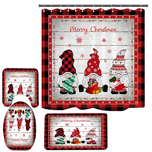 Gnome Christmas Bathroom Sets with Shower Curtain and Rugs, Merry Christmas Shower Curtain Set with Bath Mat, Xmas Bathroom Decor Set (Colorful Gnome)