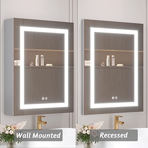 MIRPLUS 26x20 inch Bathroom Medicine Cabinet with LED Mirror, Anti-Fog, Waterproof, 6000K Single Door Lighted Bathroom Cabinet with Touch Swich, Recessed or Surface Mount (Right Door)