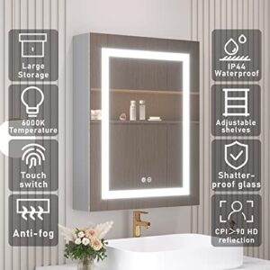 MIRPLUS 26x20 inch Bathroom Medicine Cabinet with LED Mirror, Anti-Fog, Waterproof, 6000K Single Door Lighted Bathroom Cabinet with Touch Swich, Recessed or Surface Mount (Right Door)