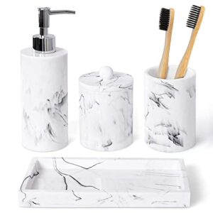 haturi bathroom accessory set, 4 pcs marble look bathroom accessories sets complete with soap dispenser, toothbrush holder, apothecary jar, tray, home apartment modern bathroom decor vanity countertop