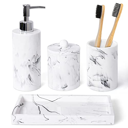 Haturi Bathroom Accessory Set, 4 Pcs Marble Look Bathroom Accessories Sets Complete With Soap Dispenser, Toothbrush Holder, Apothecary Jar, Tray, Home Apartment Modern Bathroom Decor Vanity Countertop