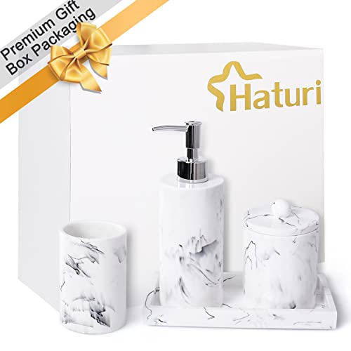 Haturi Bathroom Accessory Set, 4 Pcs Marble Look Bathroom Accessories Sets Complete With Soap Dispenser, Toothbrush Holder, Apothecary Jar, Tray, Home Apartment Modern Bathroom Decor Vanity Countertop