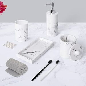 Haturi Bathroom Accessory Set, 4 Pcs Marble Look Bathroom Accessories Sets Complete With Soap Dispenser, Toothbrush Holder, Apothecary Jar, Tray, Home Apartment Modern Bathroom Decor Vanity Countertop