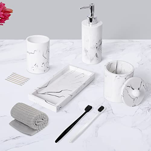 Haturi Bathroom Accessory Set, 4 Pcs Marble Look Bathroom Accessories Sets Complete With Soap Dispenser, Toothbrush Holder, Apothecary Jar, Tray, Home Apartment Modern Bathroom Decor Vanity Countertop