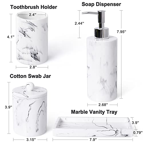 Haturi Bathroom Accessory Set, 4 Pcs Marble Look Bathroom Accessories Sets Complete With Soap Dispenser, Toothbrush Holder, Apothecary Jar, Tray, Home Apartment Modern Bathroom Decor Vanity Countertop