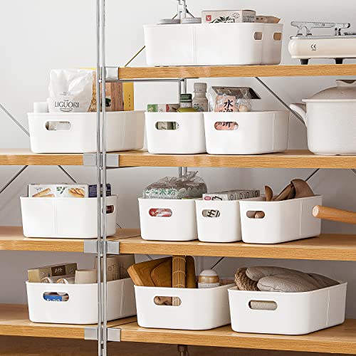 MORNITE Shelf Baskets Open Home Storage Bins with Handle for Freezer Kitchen Clothes Cabinet Closet Drawers BPA-Free Pantry Organization White Middle Large / 1 Pcs