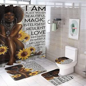 african black women bathroom shower curtain sets with rugs, black girl shower accessories and bathroom decor,70.9" length 4-piece set - 1 shower curtain & 3 toilet mat and lid cover