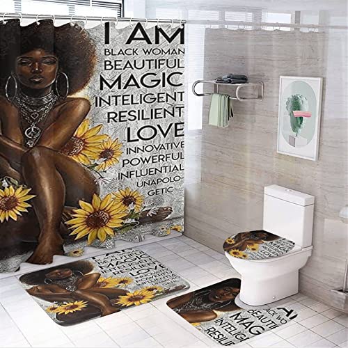 African Black Women Bathroom Shower Curtain Sets with Rugs, Black Girl Shower Accessories and Bathroom Decor,70.9" Length 4-Piece Set - 1 Shower Curtain & 3 Toilet Mat and Lid Cover