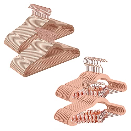 SONGMICS 50-Pack Velvet Hanger and 24-Pack Pants Hanger Bundle, Clothes Hanger with Rose Gold Swivel Hook, Coat Hangers with Movable Clips, Pale Brown and Light Pink UCRF021LB59 and UCRF14PK24