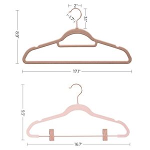 SONGMICS 50-Pack Velvet Hanger and 24-Pack Pants Hanger Bundle, Clothes Hanger with Rose Gold Swivel Hook, Coat Hangers with Movable Clips, Pale Brown and Light Pink UCRF021LB59 and UCRF14PK24