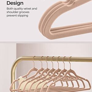 SONGMICS 50-Pack Velvet Hanger and 24-Pack Pants Hanger Bundle, Clothes Hanger with Rose Gold Swivel Hook, Coat Hangers with Movable Clips, Pale Brown and Light Pink UCRF021LB59 and UCRF14PK24