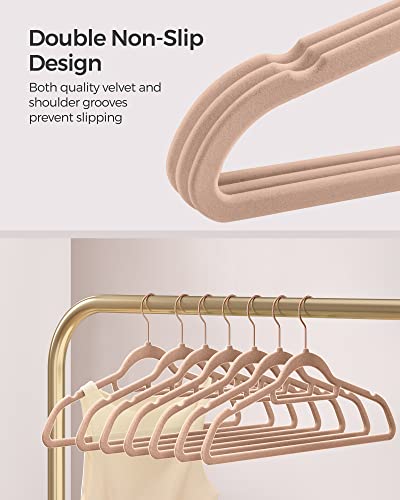 SONGMICS 50-Pack Velvet Hanger and 24-Pack Pants Hanger Bundle, Clothes Hanger with Rose Gold Swivel Hook, Coat Hangers with Movable Clips, Pale Brown and Light Pink UCRF021LB59 and UCRF14PK24