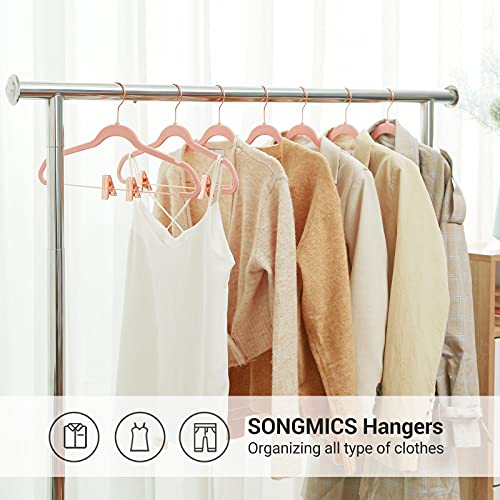 SONGMICS 50-Pack Velvet Hanger and 24-Pack Pants Hanger Bundle, Clothes Hanger with Rose Gold Swivel Hook, Coat Hangers with Movable Clips, Pale Brown and Light Pink UCRF021LB59 and UCRF14PK24