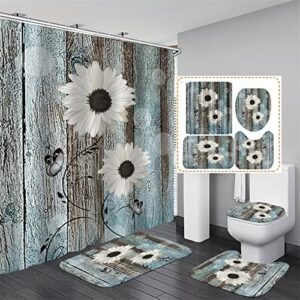azhm white daisy flower shower curtain sets with rugs 4 piece rustic flower floral wood panel bathroom decor set with non-slip rugs toilet lid cover and bath mat farmhouse bathroom shower set