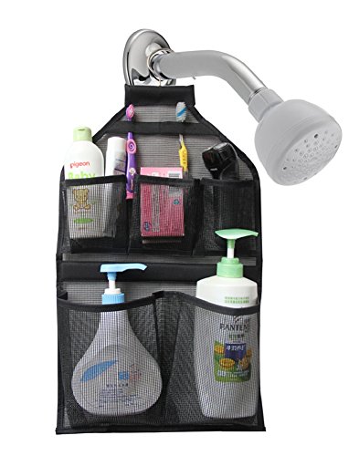 MISSLO Shower Caddy Organizer 5 Pockets + Mesh Hanging Shower Caddy with Rotatable Hanger (Black)