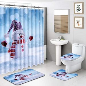 Christmas Shower Curtain Sets with Non-Slip Rugs and Toilet Lid Cover,Xmas Winter Snowman Bath for Bathroom 4 Piece Set with 12 Metal Hooks, Waterproof Bathroom Fabric ,72x72 inch