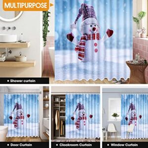 Christmas Shower Curtain Sets with Non-Slip Rugs and Toilet Lid Cover,Xmas Winter Snowman Bath for Bathroom 4 Piece Set with 12 Metal Hooks, Waterproof Bathroom Fabric ,72x72 inch