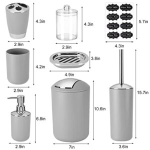 Fixwal Bathroom Accessories Set 8 Piece Plastic Gift Set Trash Can Toothbrush Holder Toothbrush Cup Soap Dispenser Soap Dish Toilet Brush Holder 2 Qtip Holder Dispensers with Labels (Gray)