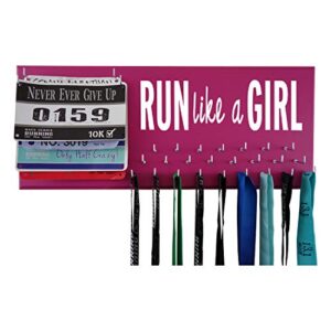 running on the wall - race bib and medal display rack- wall mounted sports medal holder and hanger for 5k, 10k and marathons runners - run like a girl