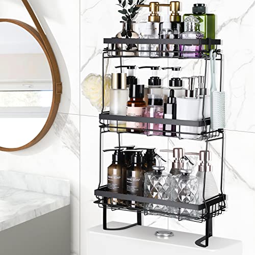 POKIPO Over The Toilet Storage Shelf, 3-Tier Bathroom Shelves Over Toilet, Drilling Wall Mounted Above Toilet Organizer, Removable Toilet Rack for Paper, Towels, Shampoos, Space Saver Decor, Black