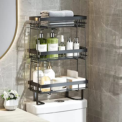 POKIPO Over The Toilet Storage Shelf, 3-Tier Bathroom Shelves Over Toilet, Drilling Wall Mounted Above Toilet Organizer, Removable Toilet Rack for Paper, Towels, Shampoos, Space Saver Decor, Black