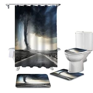 4 pcs shower curtain sets tornado and lightning waterproof fabic bathroom set with non-slip rugs toilet lid cover bath mat, rolling on the road shower curtain with hooks -36x72 inch, large
